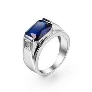 Mens 14k Wht Gold Plated Ring blue sapphire stone